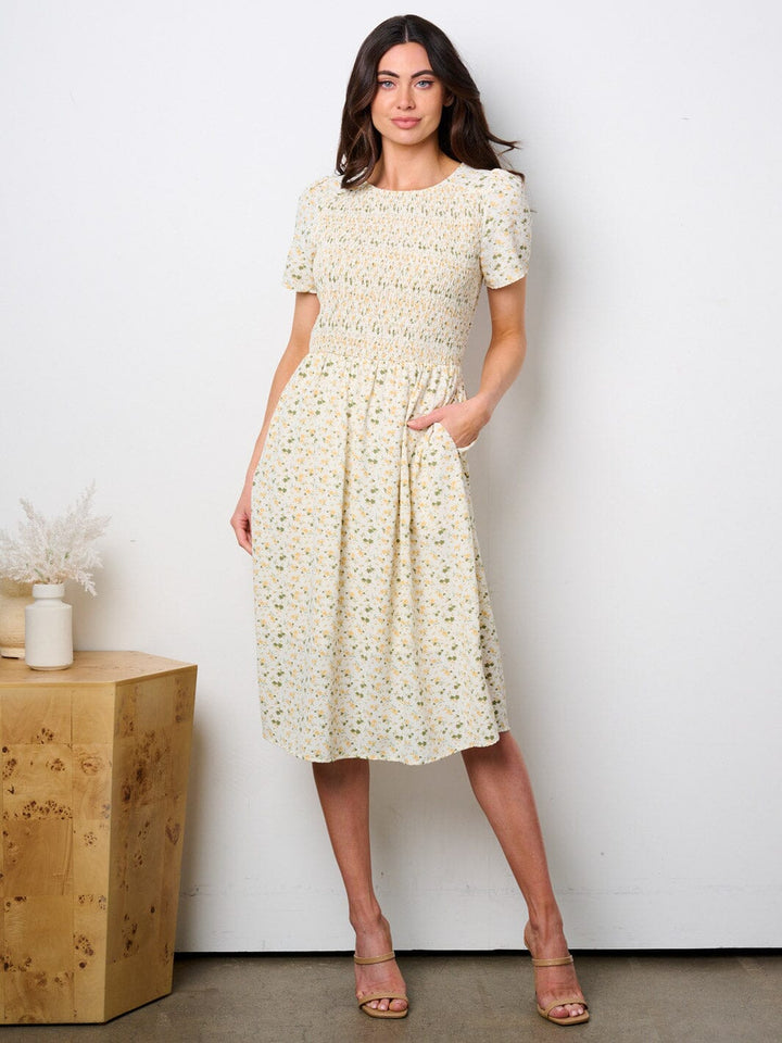 WOMEN'S SHORT SLEEVE POCKETS SMOCK FLORAL MIDI DRESS