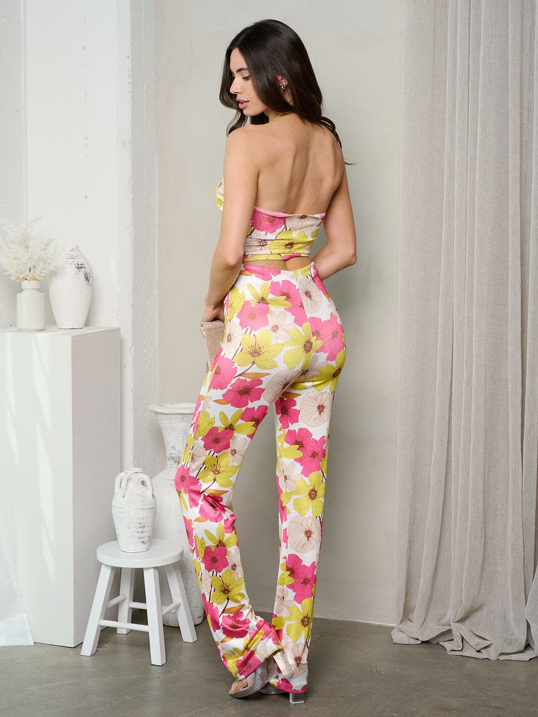WOMEN'S SLEEVELESS CROP TOP & PANTS FLORAL SET