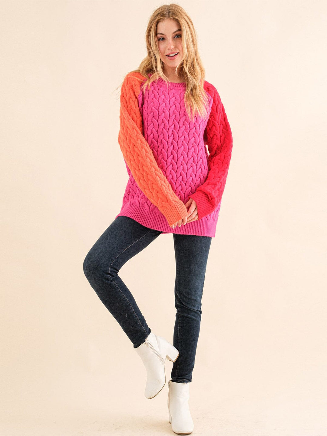 WOMEN'S LONG SLEEVE COLORBLOCK CABLE KNIT PULLOVER SWEATER