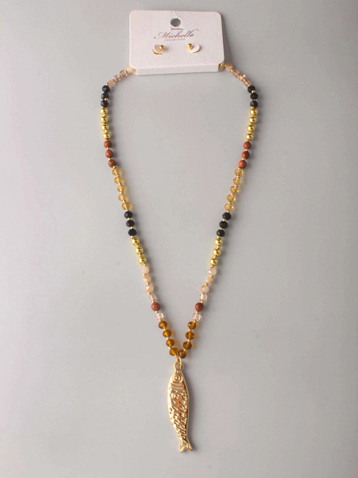 FASHION MULTI PEARL FISH PENDANT NECKLACE & EARRINGS SET