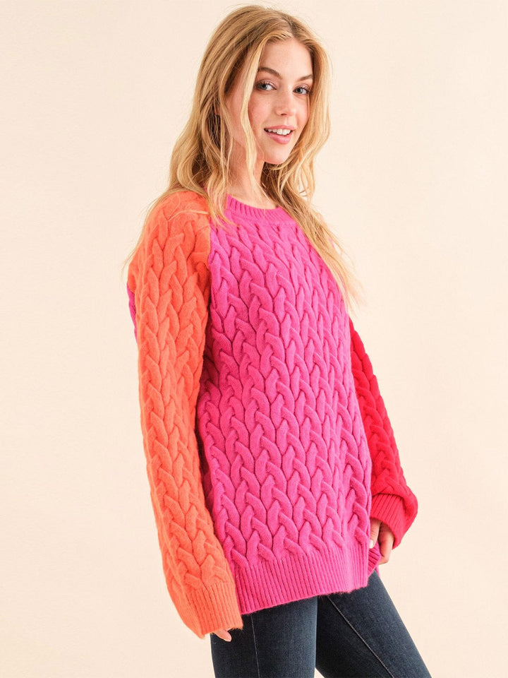 WOMEN'S LONG SLEEVE COLORBLOCK CABLE KNIT PULLOVER SWEATER