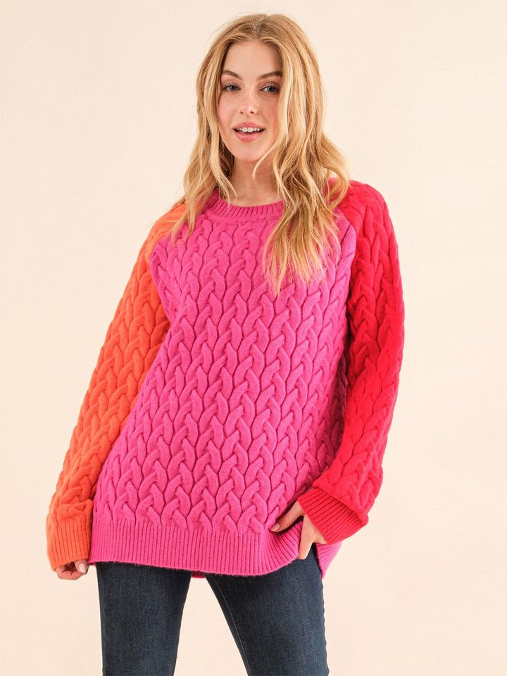 WOMEN'S LONG SLEEVE COLORBLOCK CABLE KNIT PULLOVER SWEATER