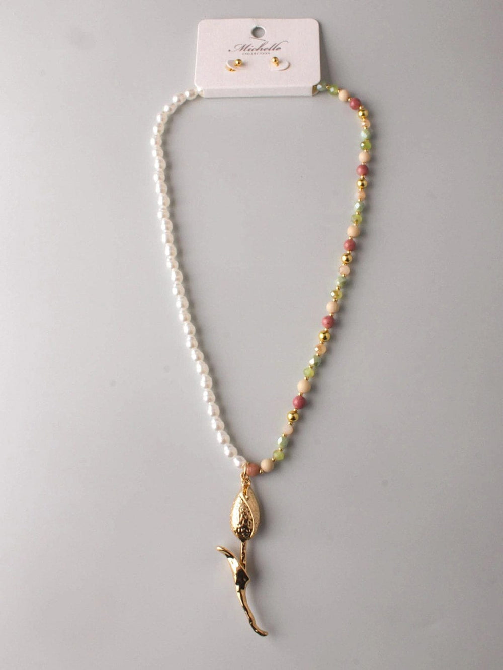 FASHION MULTI PEARL ROSE PENDANT NECKLACE & EARRINGS SET