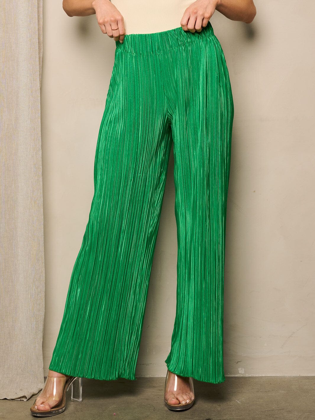 WOMEN'S ELASTIC WAIST WIDE LEG DETAILED PANTS