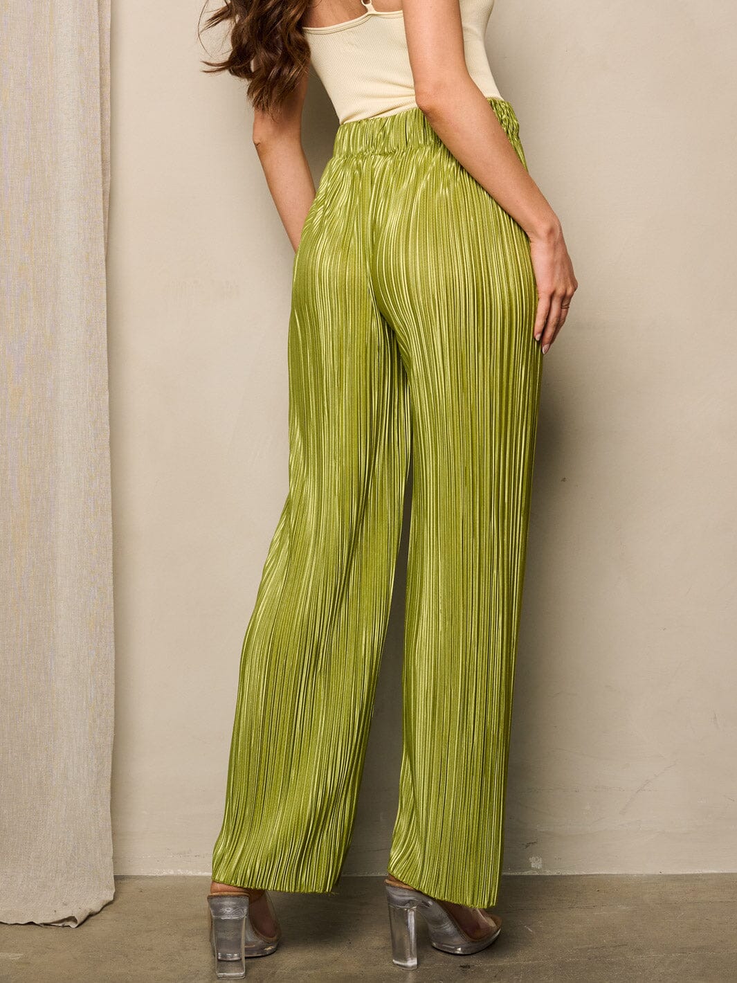 WOMEN'S ELASTIC WAIST WIDE LEG DETAILED PANTS