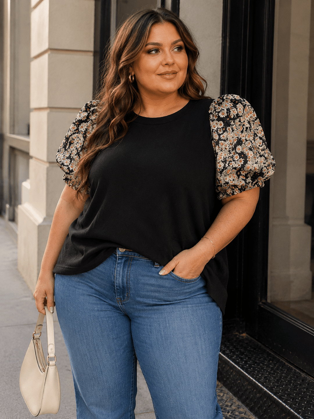 PLUS SIZE SHORT PUFF SLEEVE FLORAL CONTRAST BLOUSE