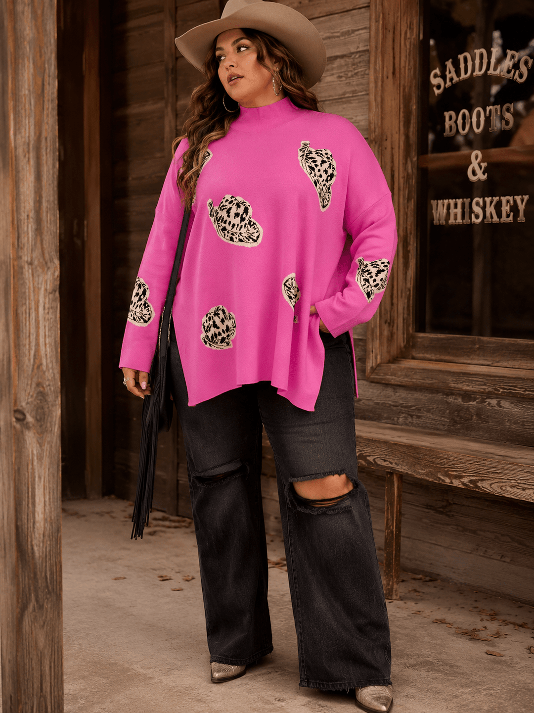 PLUS SIZE LONG SLEEVE MOCK NECK GRAPHIC PULLOVER OVERSIZED SWEATER