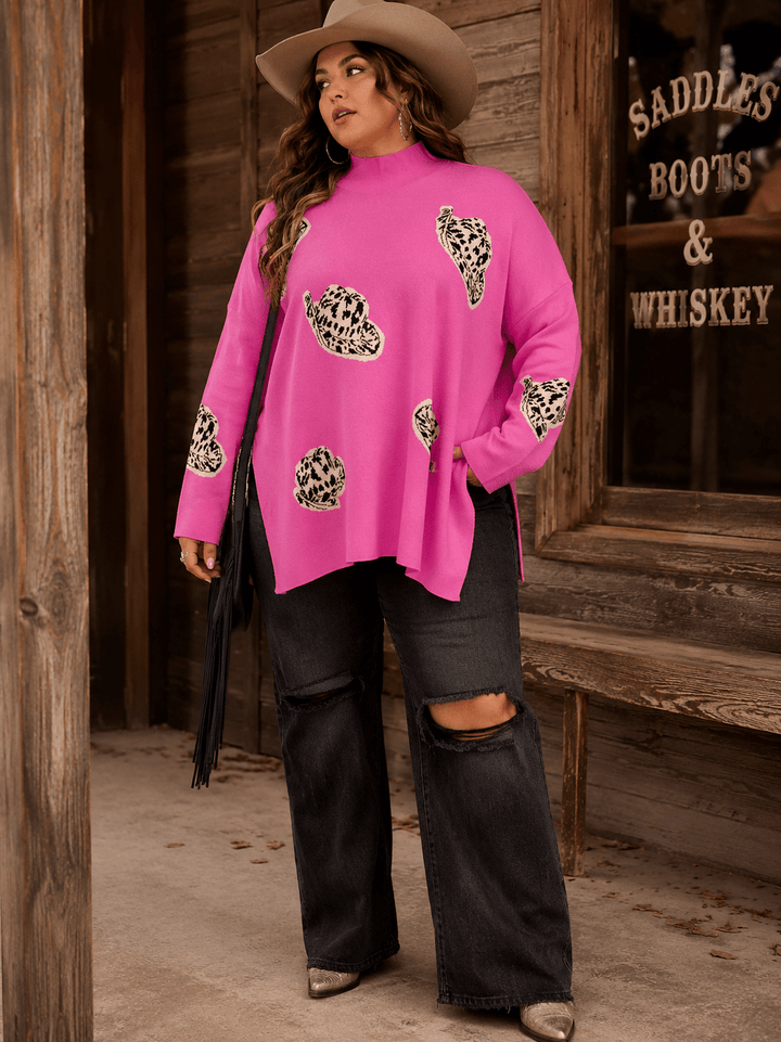 PLUS SIZE LONG SLEEVE MOCK NECK GRAPHIC PULLOVER OVERSIZED SWEATER