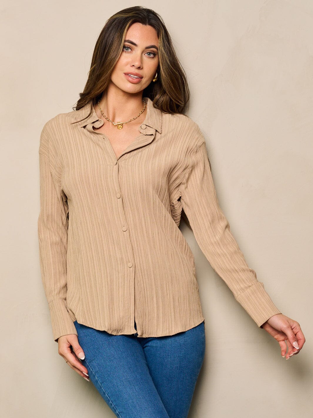 WOMEN'S LONG SLEEVE BUTTON UP DETAILED BLOUSE TOP