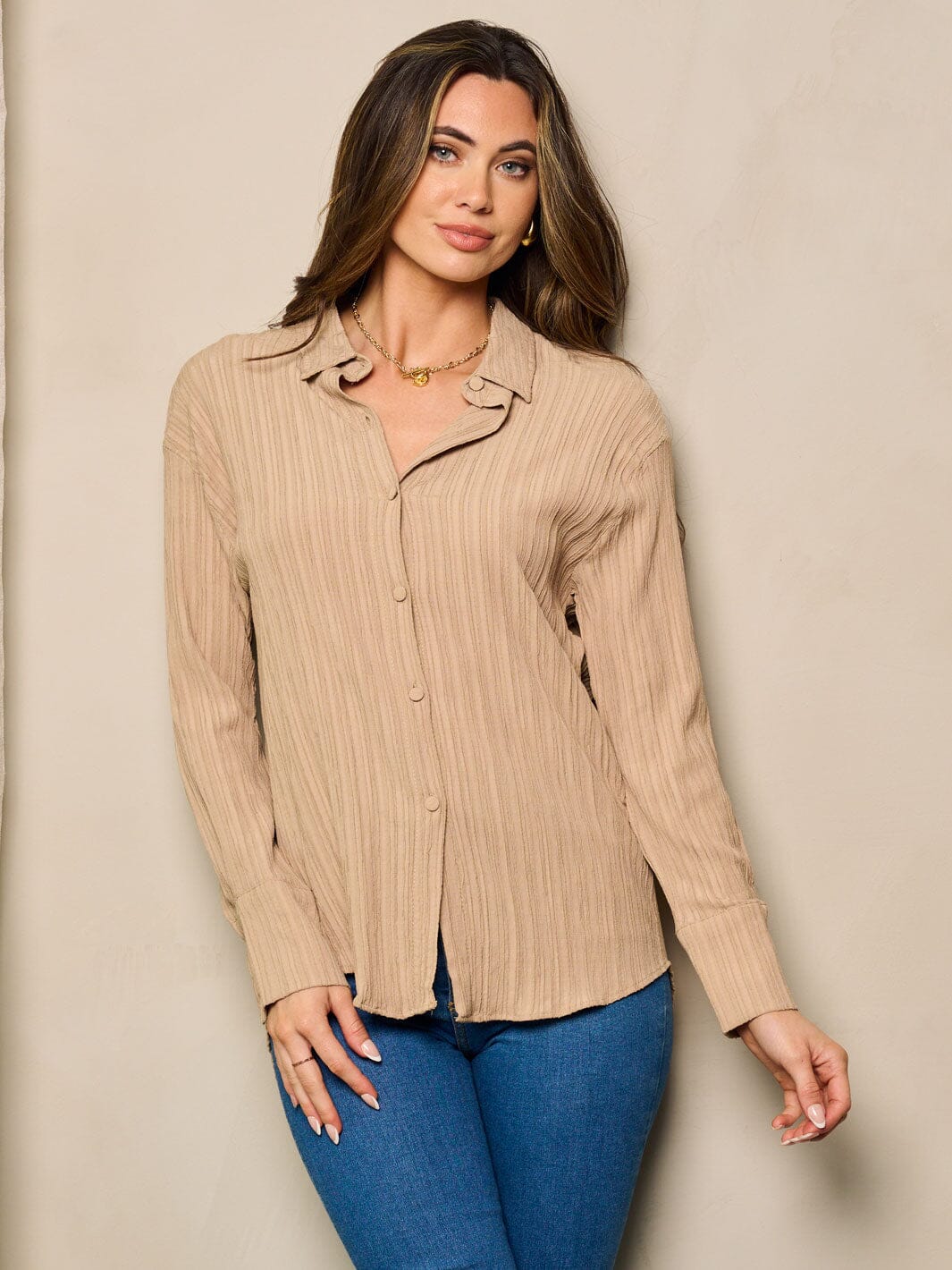 WOMEN'S LONG SLEEVE BUTTON UP DETAILED BLOUSE TOP