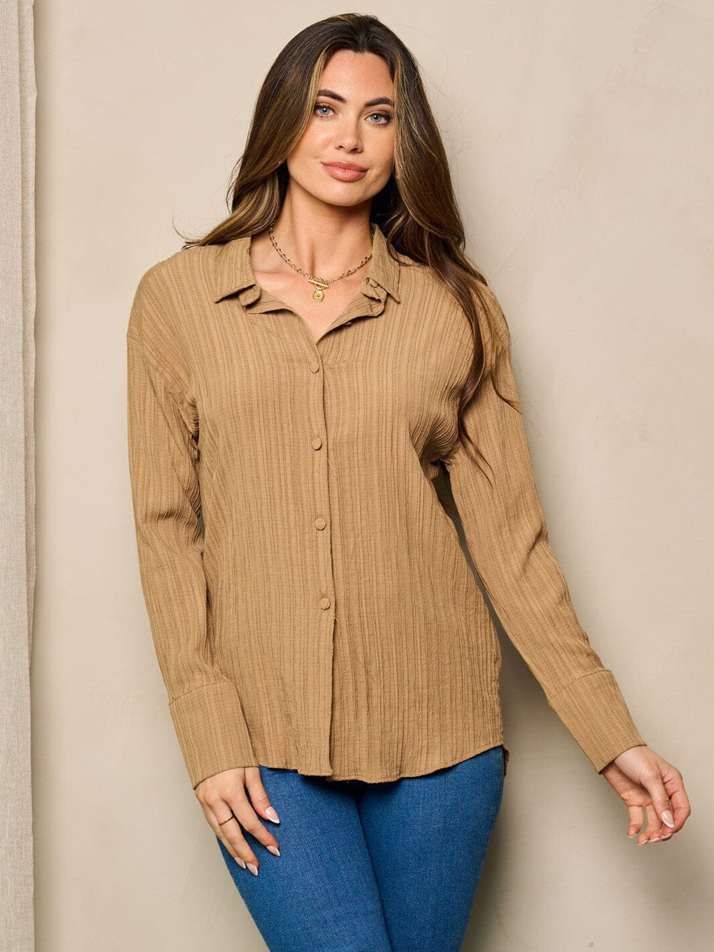 WOMEN'S LONG SLEEVE BUTTON UP DETAILED BLOUSE TOP