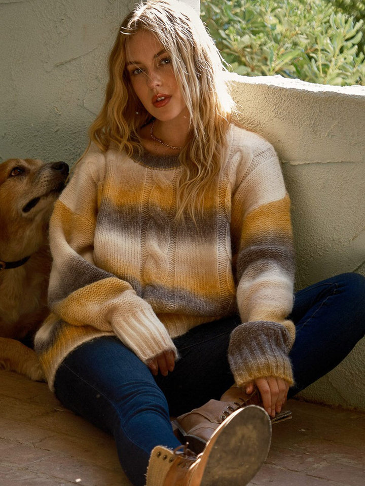 WOMEN'S LONG SLEEVE COLORBLOCK KNIT PULLOVER SWEATER