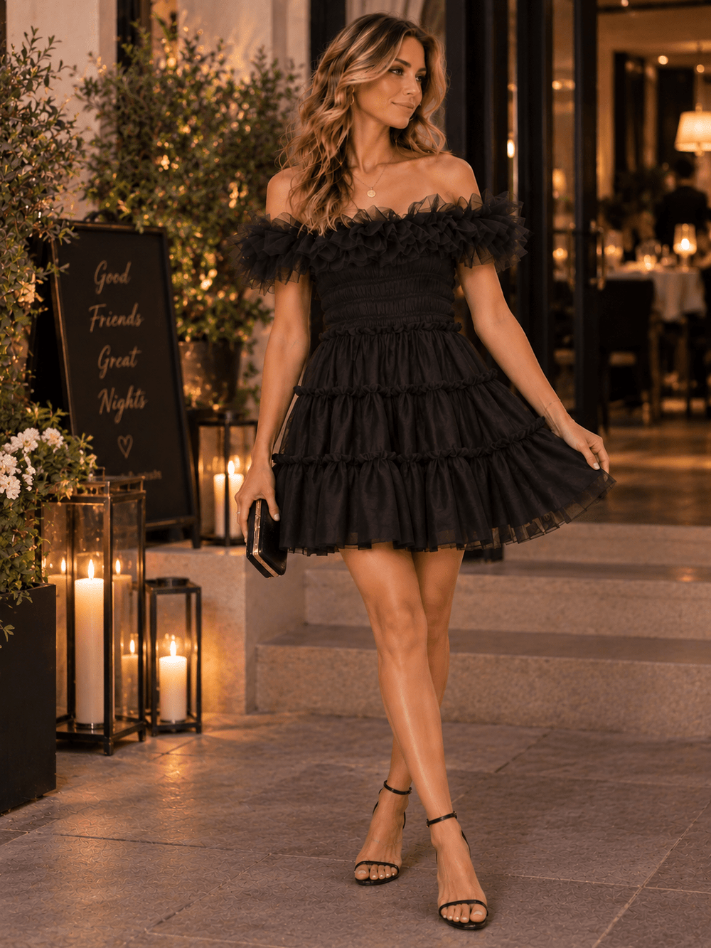 ENTRO WOMEN'S OFF SHOULDER SMOCK WAIST TIERED FIT & FLARE MINI DRESS