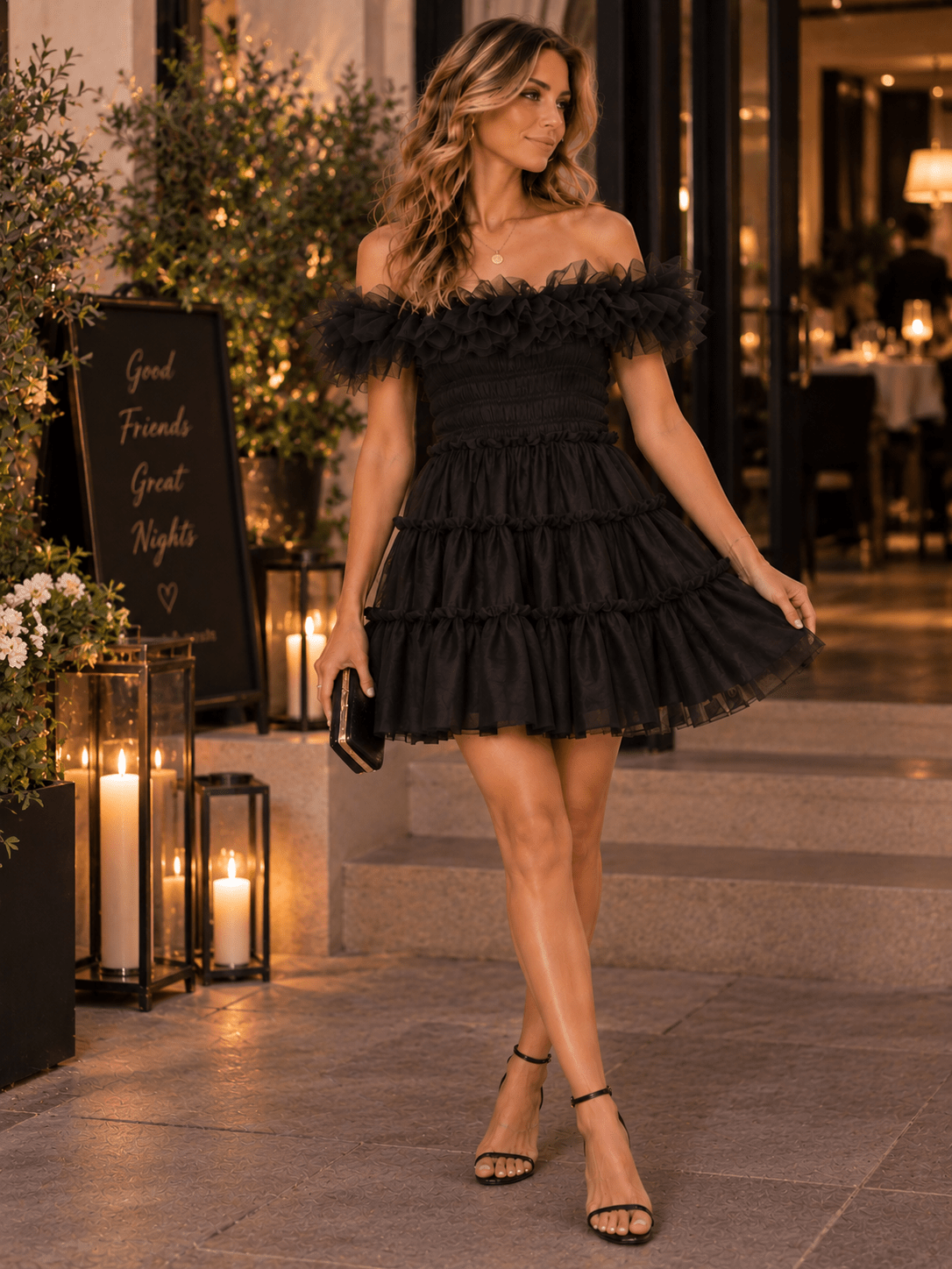 ENTRO WOMEN'S OFF SHOULDER SMOCK WAIST TIERED FIT & FLARE MINI DRESS