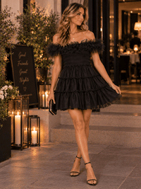 ENTRO WOMEN'S OFF SHOULDER SMOCK WAIST TIERED FIT & FLARE MINI DRESS