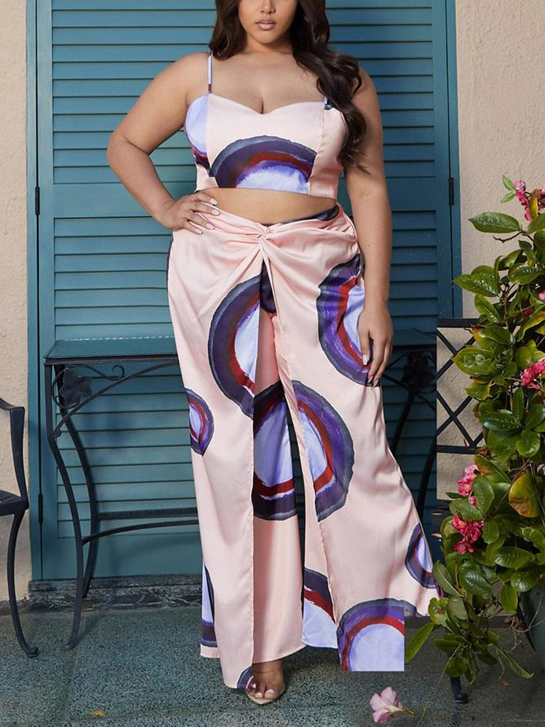 PLUS SIZE SLEEVELESS CROP TOP & PANTS MULTI PRINT SET