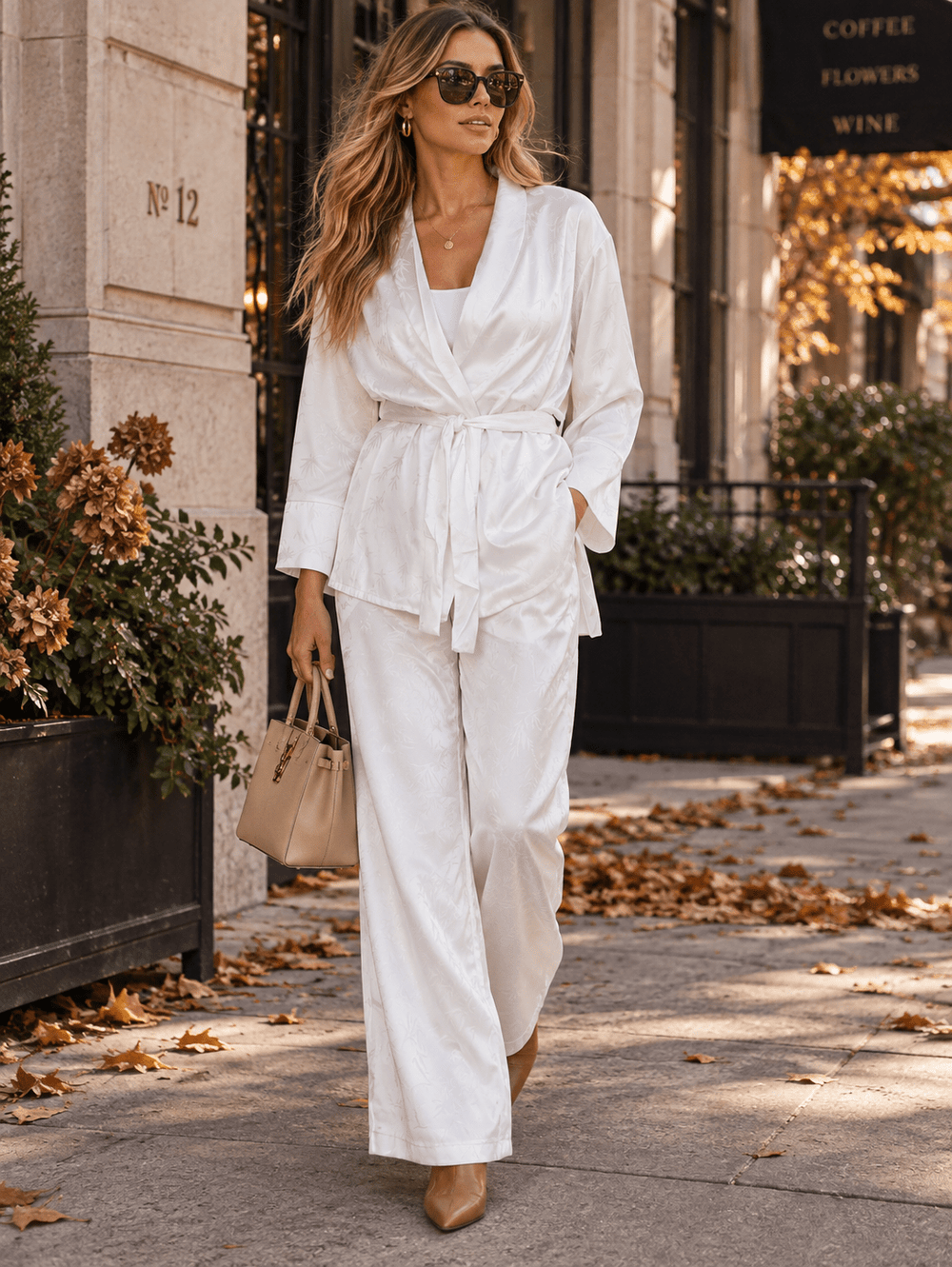 WOMEN'S LONG SLEEVE SELF TIE BLAZER & ELASTIC WAIST WIDE LEG PANTS PRINT 2PC. SET