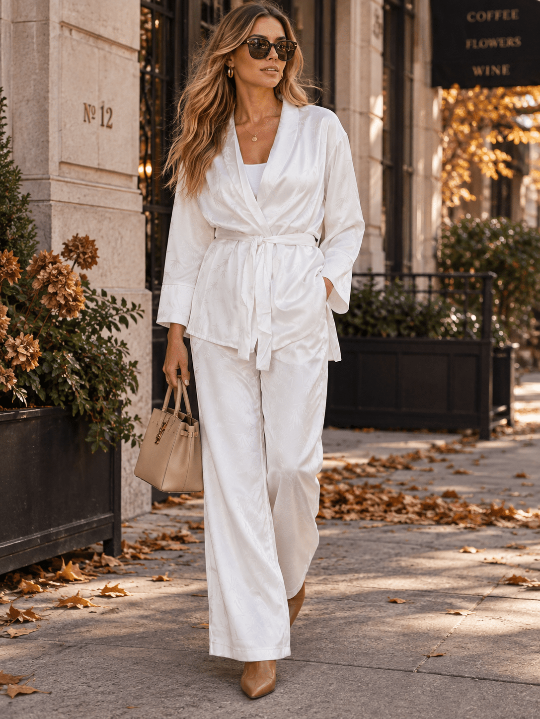 WOMEN'S LONG SLEEVE SELF TIE BLAZER & ELASTIC WAIST WIDE LEG PANTS PRINT 2PC. SET