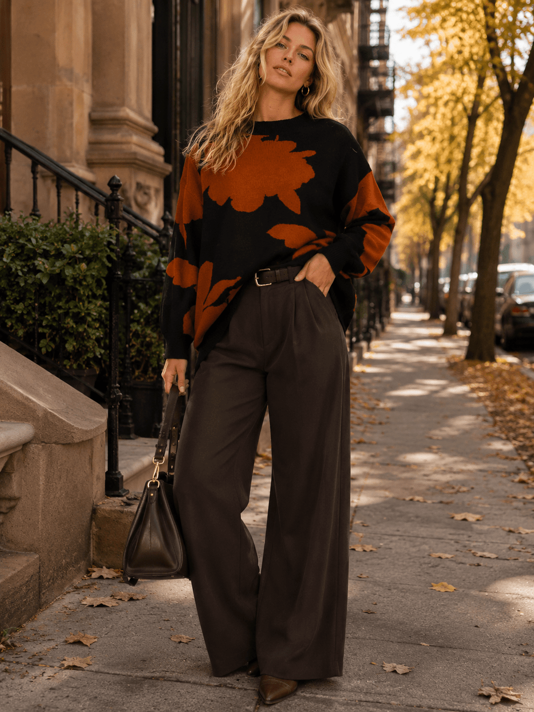 WOMEN'S LONG SLEEVE HIGH-LOW OVERSIZED FLORAL PULLOVER SWEATER