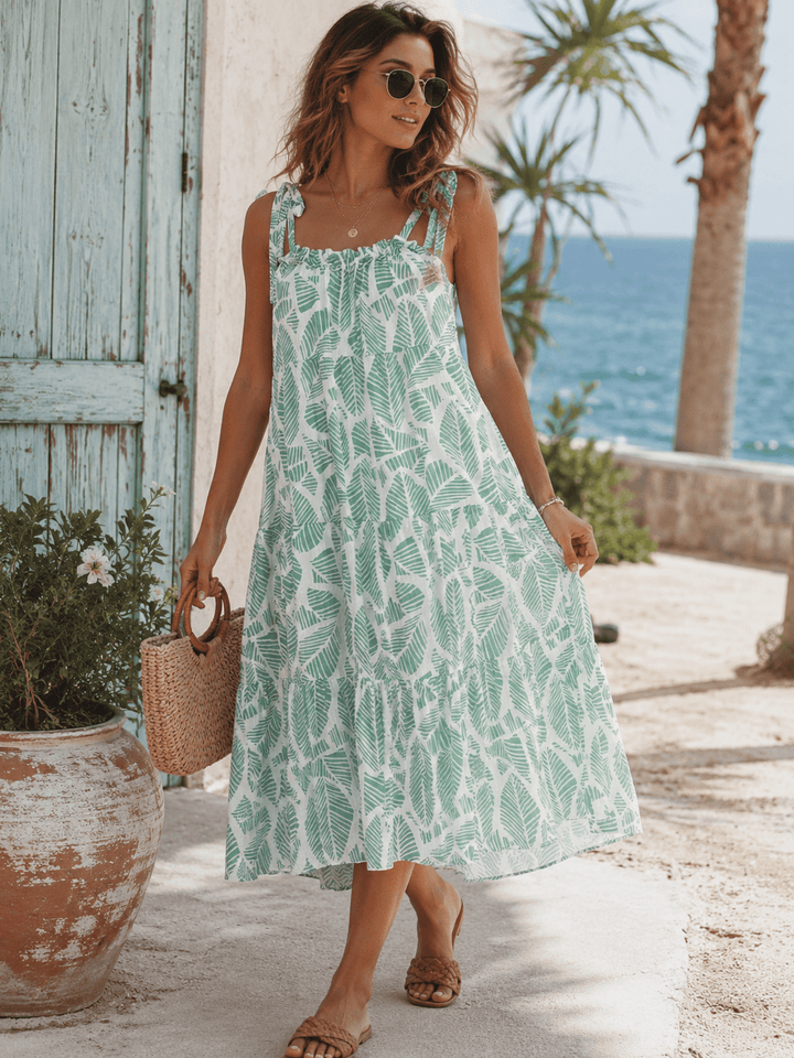 WOMEN'S SLEEVELESS ADJUSTABLE STRAPS LEAF PRINT SWISS MAXI DRESS