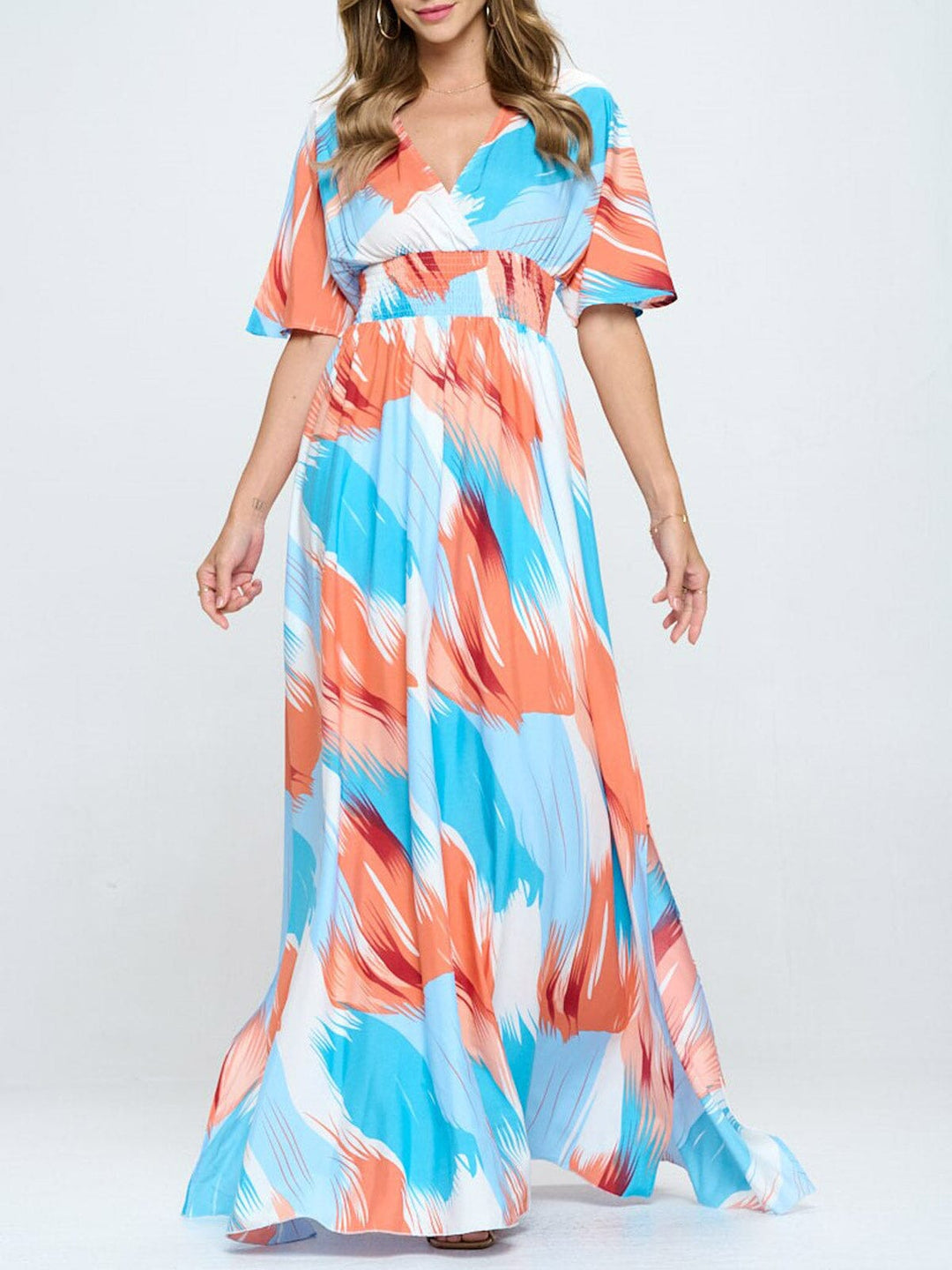 WOMEN'S SHORT SLEEVE SURPLICE SMOCK WAIST PRINTED MAXI DRESS