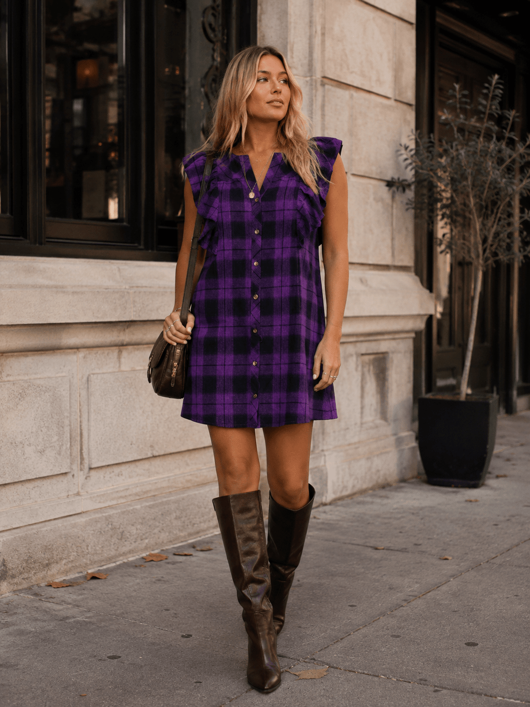WOMEN'S RUFFLE SLEEVE BUTTON UP FRONT POCKETS PLAID MINI DRESS