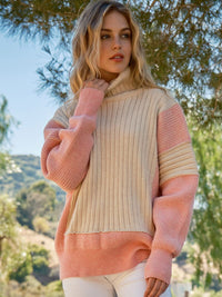WOMEN'S LONG SLEEVE TURTLE NECK COLORBLOCK KNIT PULLOVER SWEATER