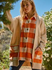 WOMEN'S LONG SLEEVE BUTTON CLOSURE FRONT POCKETS PLAID CONTRAST CARDIGAN