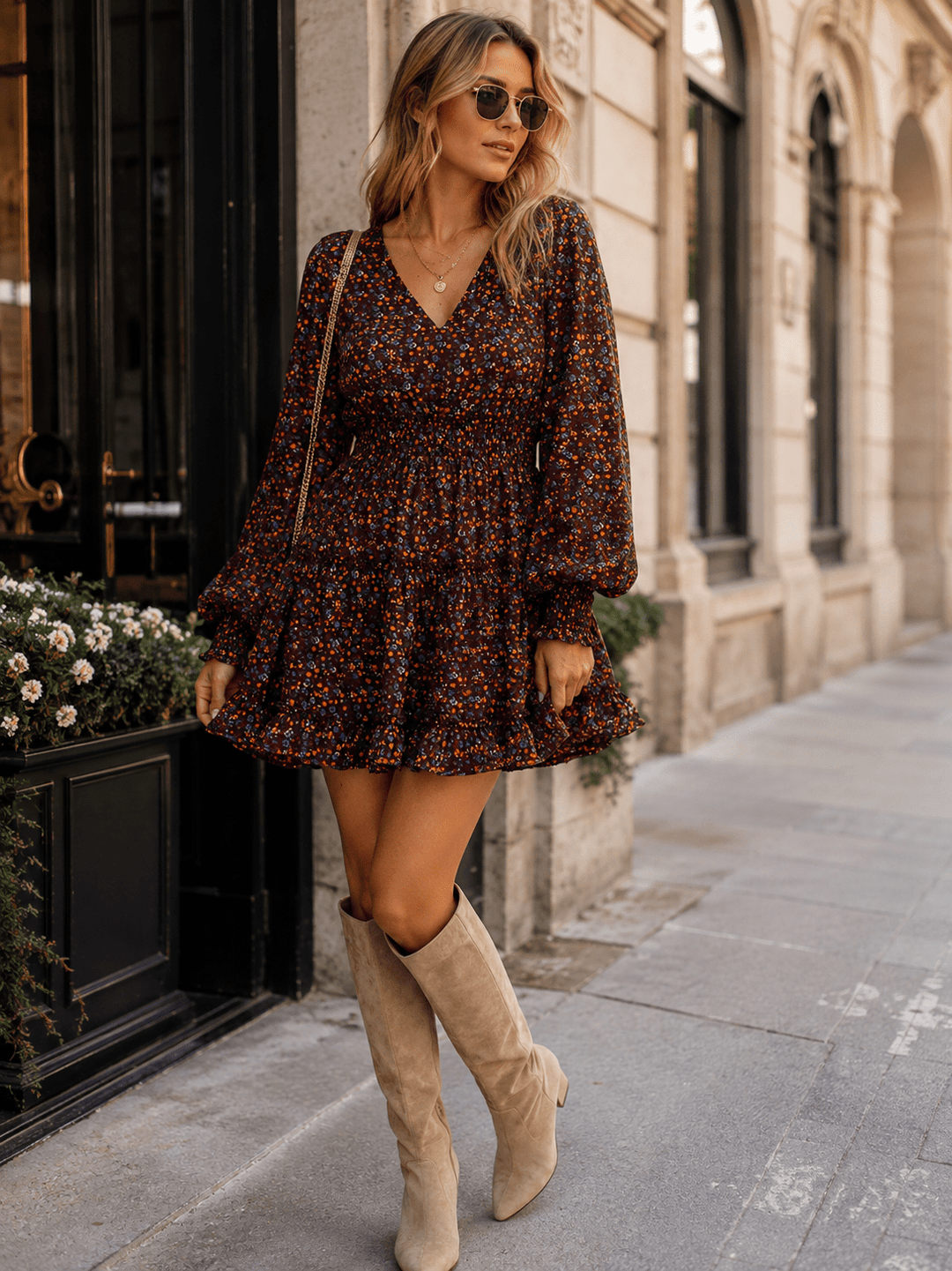 WOMEN'S LONG SLEEVE V-NECK FLORAL SMOCK WAIST MINI DRESS