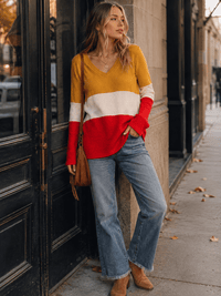 WOMEN'S LONG SLEEVE COLORBLOCK V-NECK LOOSE FIT TOP