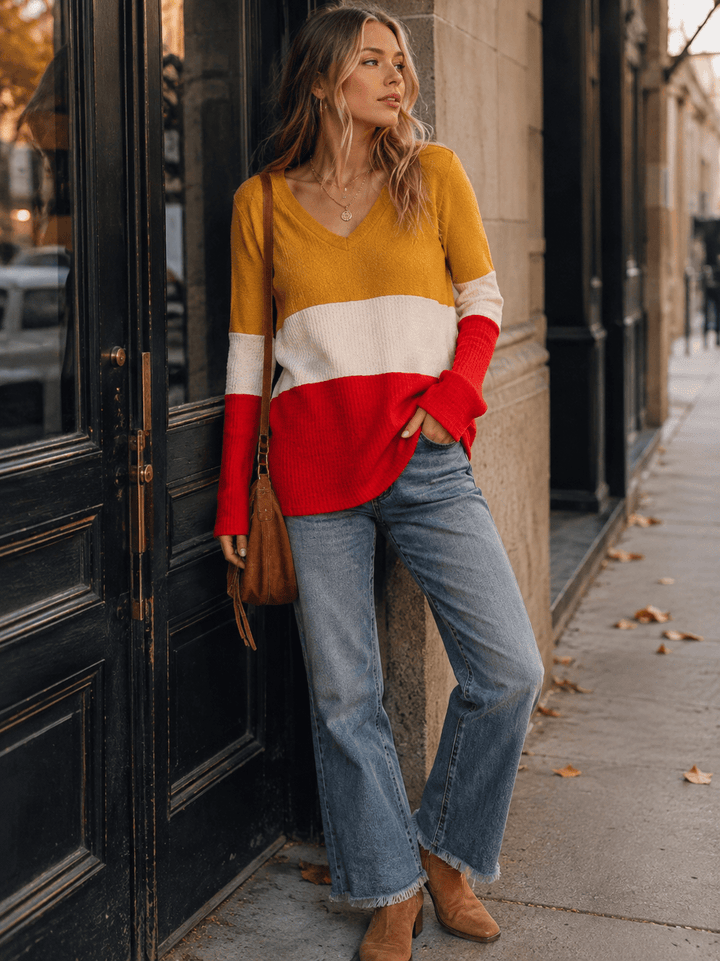 WOMEN'S LONG SLEEVE COLORBLOCK V-NECK LOOSE FIT TOP