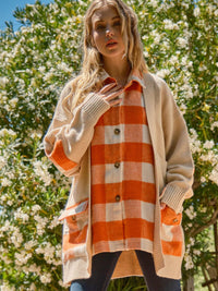 WOMEN'S LONG SLEEVE BUTTON CLOSURE FRONT POCKETS PLAID CONTRAST CARDIGAN