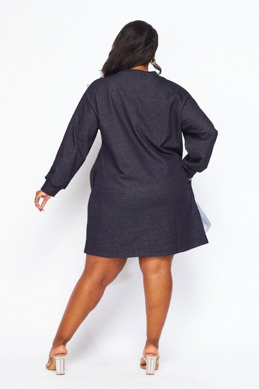 PLUS SIZE LONG SLEEVE RUFFLE DETAILED POCKETS TUNIC MINI DRESS