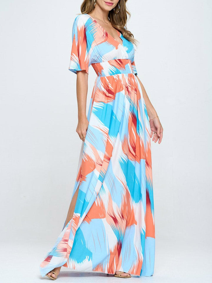 WOMEN'S SHORT SLEEVE SURPLICE SMOCK WAIST PRINTED MAXI DRESS
