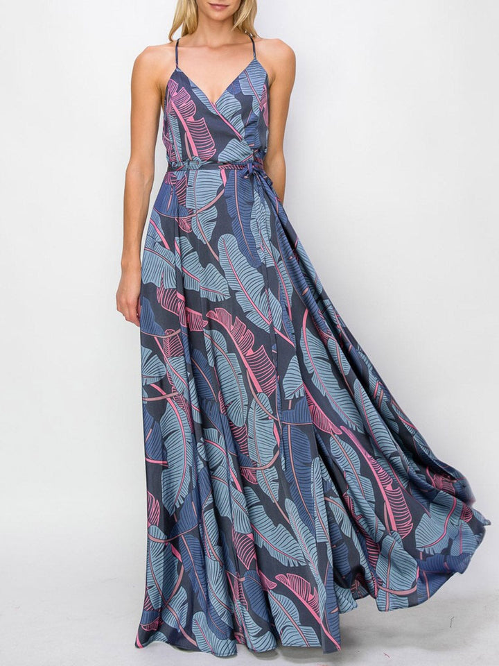 WOMEN'S SLEEVELESS LEAF PRINT WRAP MAXI DRESS