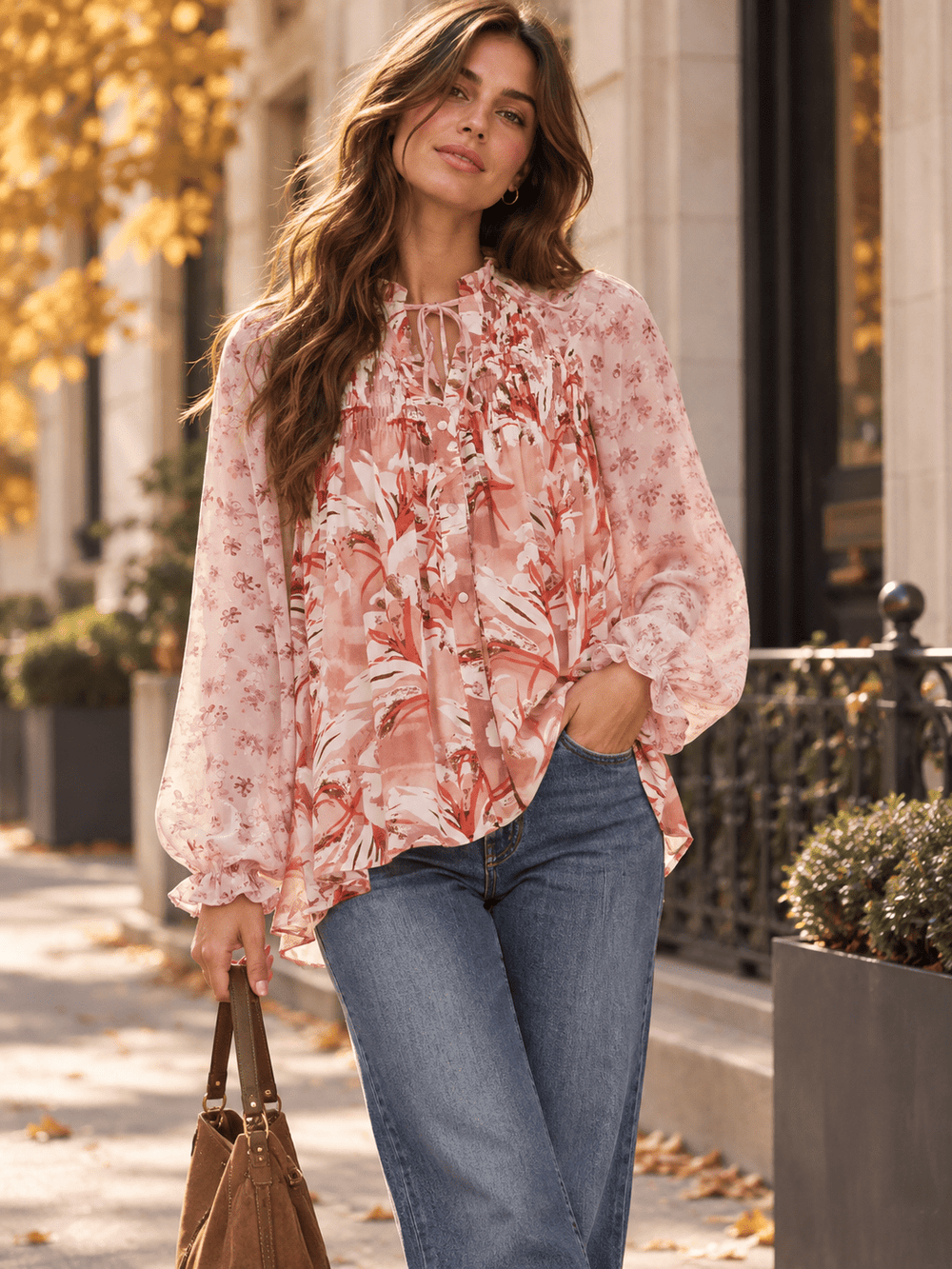 ENTRO WOMEN'S LONG SLEEVE BUTTON UP FLORAL PRINT BLOUSE