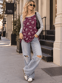 WOMEN'S LONG SLEEVE COLORBLOCK CONTRAST FLORAL STRIPES TOP