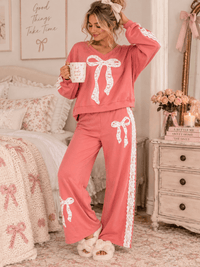 WOMEN'S LONG SLEEVE SWEATER & ELASTIC WAIST WIDE LEG PANTS LACE BOWS 2PC. SET