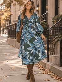 WOMEN'S LONG SLEEVE V-NECK SMOCK WAIST FLORAL MAXI DRESS