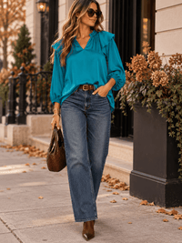 ENTRO WOMEN'S 3/4 SLEEVE V-NECK RUFFLE BLOUSE