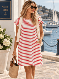 WOMEN'S SHORT SLEEVE FRONT POCKETS COLORBLOCK STRIPES MIDI DRESS