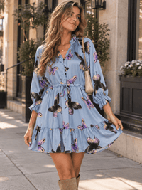 WOMEN'S LONG SLEEVE V-NECK BUTTON UP ADJUSTABLE WAIST BUTTERFLY PRINT MINI DRESS