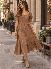WOMEN'S SHORT PUFF SLEEVE SQUARE NECK CROCHET SMOCK TIERED MAXI DRESS