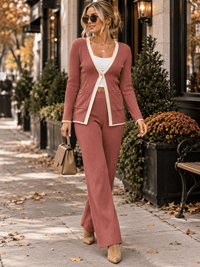 WOMEN'S LONG SLEEVE CARDIGAN & ELASTIC WAIST STRAIGHT LEG PANTS RIBBED 2PC. SET
