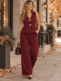 WOMEN'S SLEEVELESS BUTTON UP BLOUSE & BUTTON CLOSURE WIDE LEG PANTS 2PC. SET