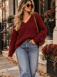WOMEN'S LONG SLEEVE V-NECK KNIT PULLOVER SWEATER