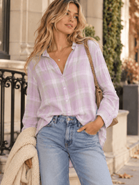 WOMEN'S LONG SLEEVE V-NECK BUTTON UP HIGH-LOW PLAID SHIRTS
