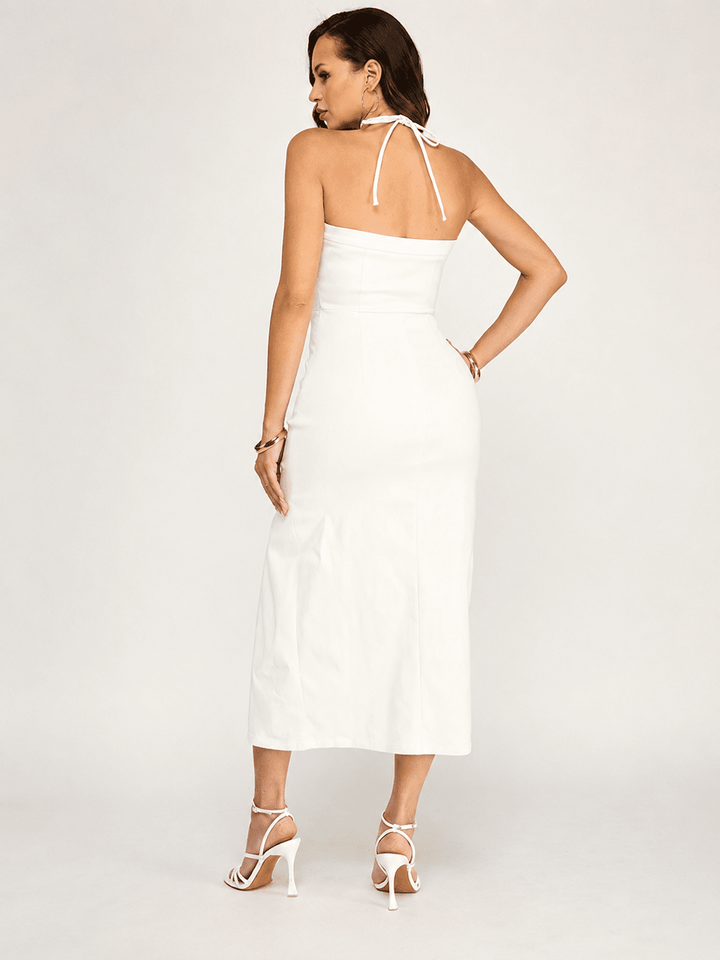 WOMEN'S SLEEVELESS HALTER NECK SIDE SLIT MAXI DRESS