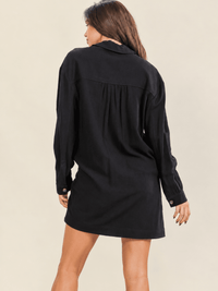 WOMEN'S LONG SLEEVE V-NECK BUTTON UP FRONT POCKETS LINEN MINI DRESS