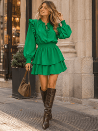 WOMEN'S LONG SLEEVE SMOCK WAIST RUFFLE TIERED FIT & FLARE MINI DRESS